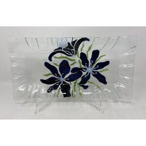Sydenstricker Fused Ruffle Glass Rectangle Tray Plate Blue Lilies Signed 12x6”
